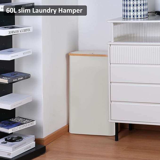 Slim Laundry Hamper,Narrow laundry Hamper with Lid,60L Hamper for Laundry,Dirty Cloth Hamper with Bamboo Handle for Toys,Towels, Clothes Organizing,Beige