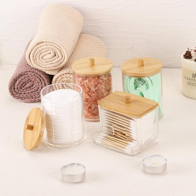 Tbestmax 4 Pack Qtip Holder Bathroom Container, 10/7oz Cotton Ball Cotton Swabs Pads Dispenser, Apothecary Jar with Bamboo Lids for Organizer and Storage (Beige)