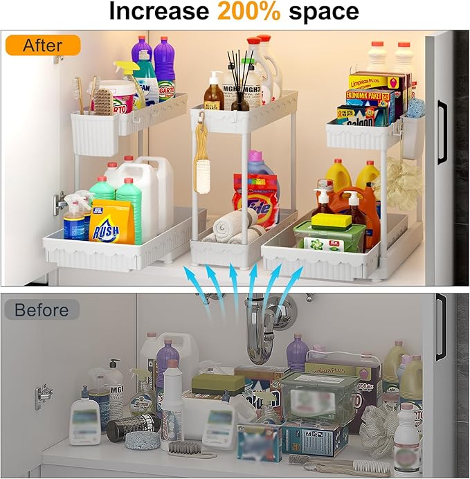 3 Pack Multi-Purpose Under Sink Organizers and Storage, 2026 L-Shaped Pull Out Cabinet Organizer for Bathroom & Kitchen, Under Cabinet Organizer with Hooks Hanging Cup, White, 14.85 inch