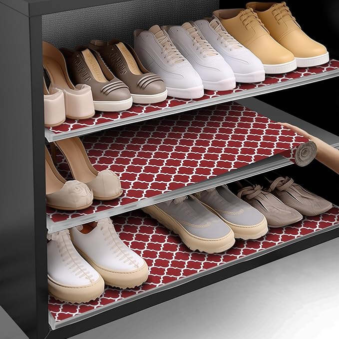 Shelf and Drawer Liner for Kitchen Cabinets Non-Adhesive, Strong Grip Non-Slip Thickened Cabinet Liners for Shelves, Waterproof Mats for Dresser Cupboard, Red/White, 12 in x 20 Feet