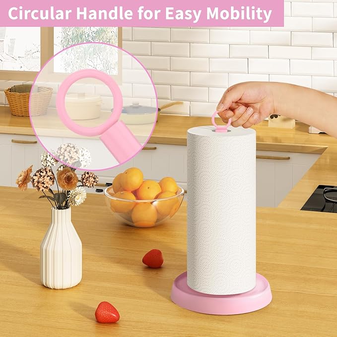 Pink Paper Towel Holder Countertop, Pink Kitchen Accessories Decor, Stainless Steel, Paper Towel Stand Holder for Bathroom Farmhouse Essentials with Weighted Base