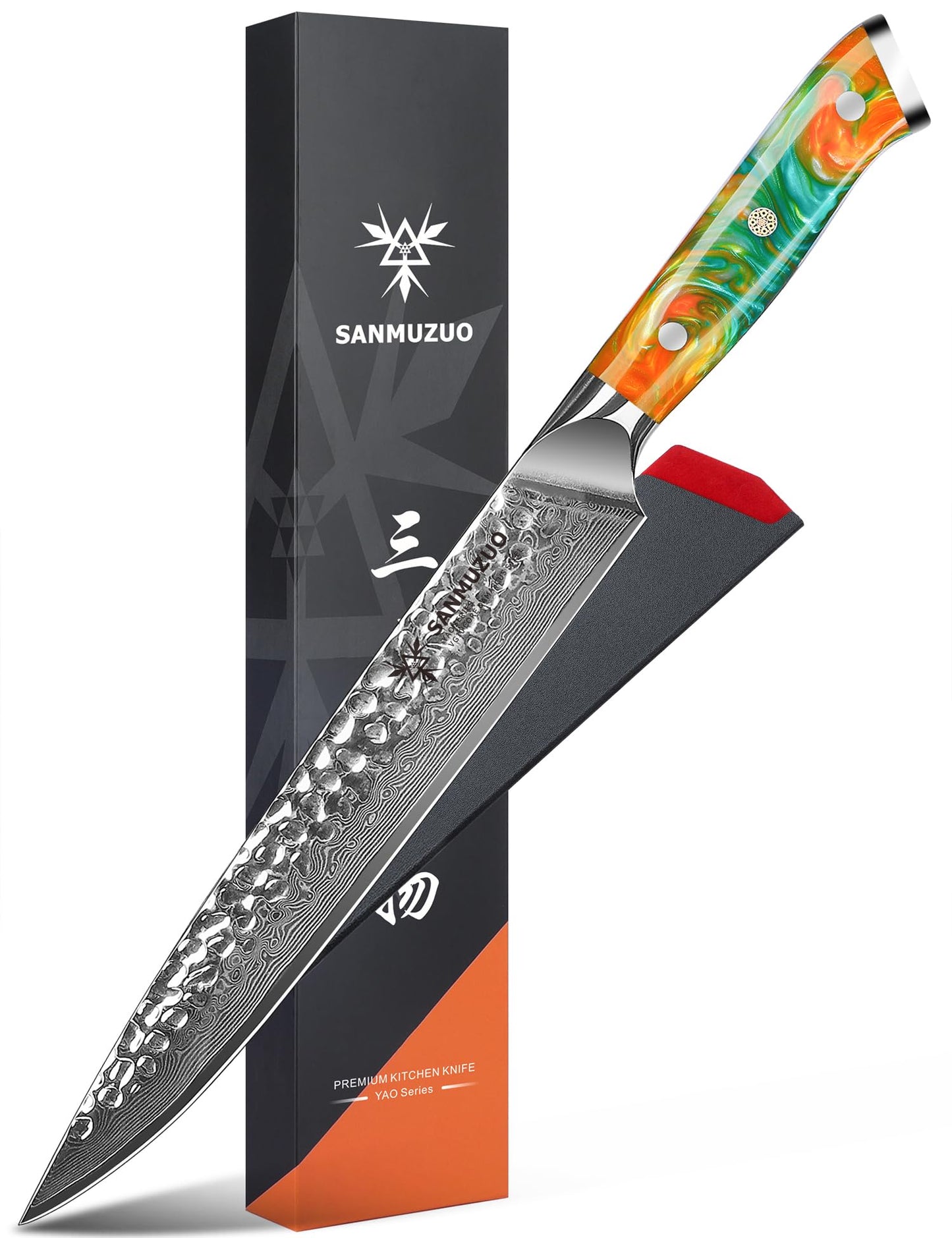 SANMUZUO Steak Knives Set of 4, Ultra Sharp Kitchen Steak Knife 5 Inch - Forged Damascus Steel & Resin Handle - Yao Series