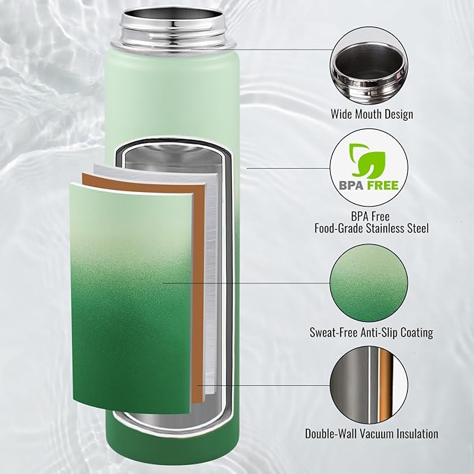 24 oz Insulated Water Bottle with Handle, 308 Stainless Steel Water Bottles with Wide Mouth, Double Wall Vacuum Sports Water Bottle, BPA Free, Keep Cold and Hot, Jungle Fade