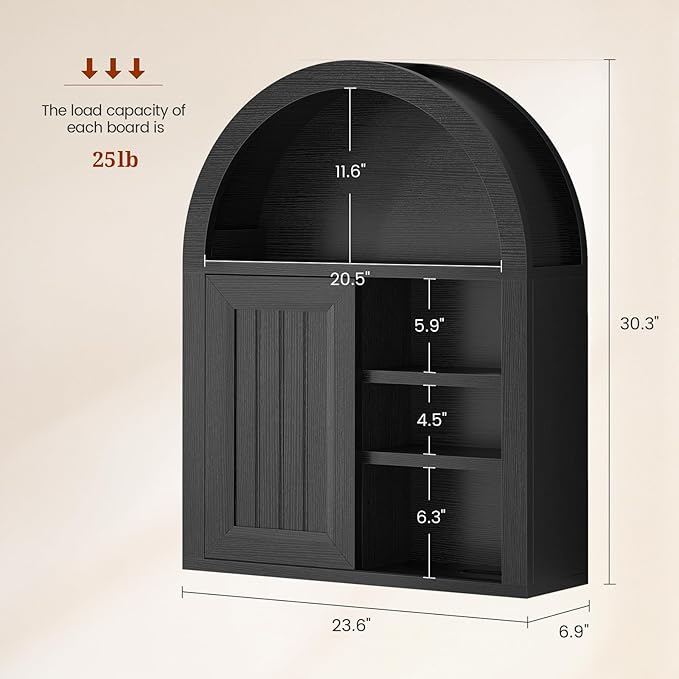 Arched Bathroom Wall Cabinet, 23.6 x 30.3'' Over The Toilet Cabinet With Sliding Barn Door, Adjustable Shelf, Wall Mounted Cabinets for Bathroom Laundry Room Kitchen (Black,Sliding Door, 30IN)