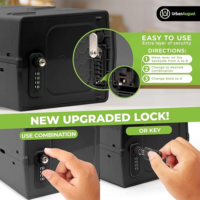 Urban August Dual Combination & Keyed Lockbox - Lockable Box for Everyday Use - Multi-Purpose lock for Home & Office Safety - Made of Industrial-Grade Plastic - One Size (Graphite)