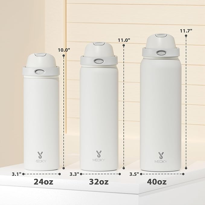24 oz Insulated Water Bottle with Straw: Meoky Stainless Steel Metal Water Bottle with 2-in-1 Lid - Leak Proof, Cold for 24 Hours, Protective Silicone Base, BPA-Free for Sports Travel Car, Ivory