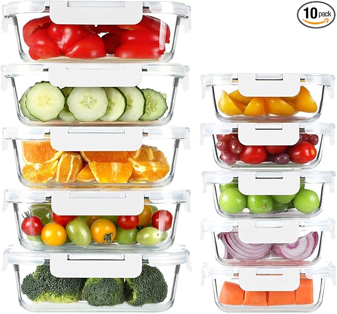 BAYZZ 10 Pack Glass Meal Prep Containers, Glass Food Storage Containers with Lids, Airtight Lunch Box, Freezer,Oven,Microwave and Dishwasher Safe
