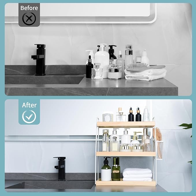 Bathroom Counter Organizer, 3-Tier Standing Storage Shelf with Basket, Wood Tray for Skincare Vanity Organizer(White)
