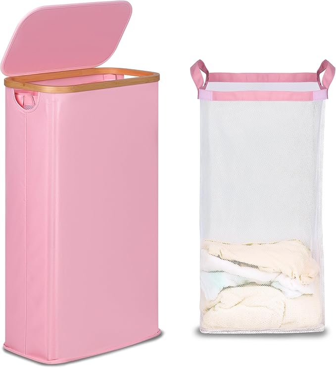 efluky Slim Laundry Basket with Lid, Narrow Laundry Hamper with Removable Bag, Skinny Dirty Clothes Basket with Bamboo Handles for Bathroom, Bedroom & Laundry Room, 63L Pink