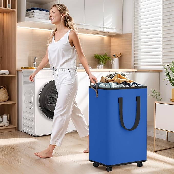 Laundry Basket with Wheels, Collapsible Laundry Baskets, Laundry Hamper with Handles Detachable Wheels, Rolling Laundry Basket, Dirty Clothes Hamper for Bathroom, Dorm, Bedroom, Blue, 100L