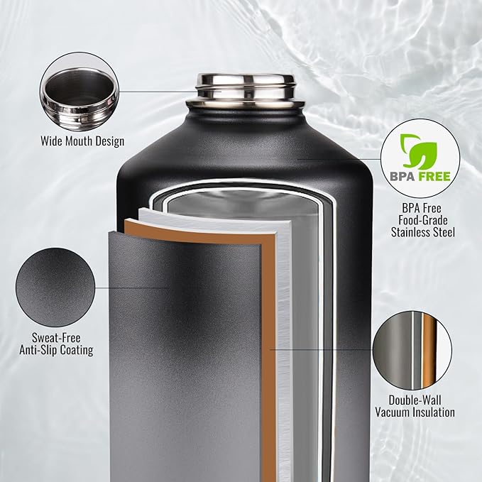 Gallon Water Bottle with 2 Lids (Straw & Spout), 304 Stainless Steel Water Jug with Handle and Wide Mouth, 1 Gallon Vacuum Double Walled Jug for Sports, Outdoors, Black/Gray, 128 oz