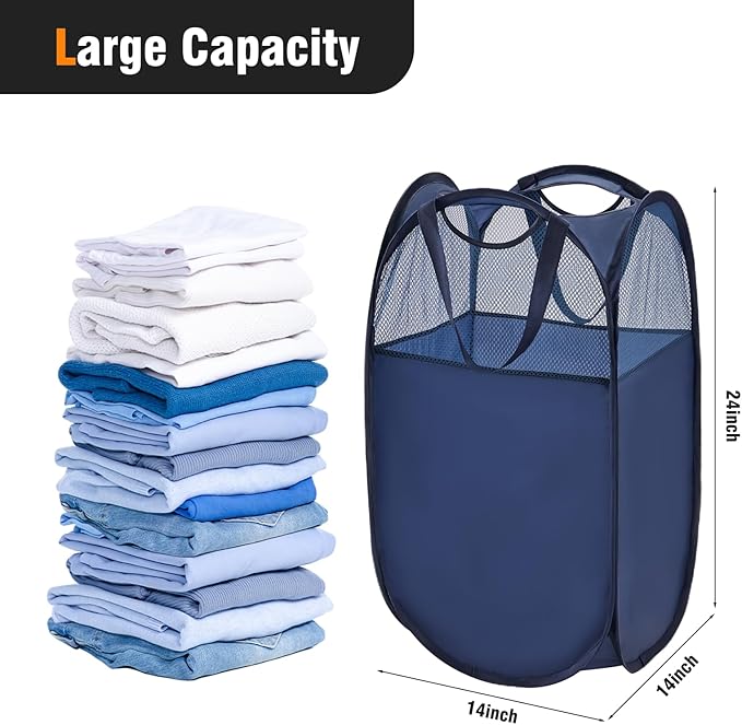 TECHMILLY Pop Up Foldable Laundry Basket, Mesh Laundry Hamper with Reinforced Handles for Dirty Clothes Storage in Dorm, Laundry Room, Bathroom, Blue(Fabric)