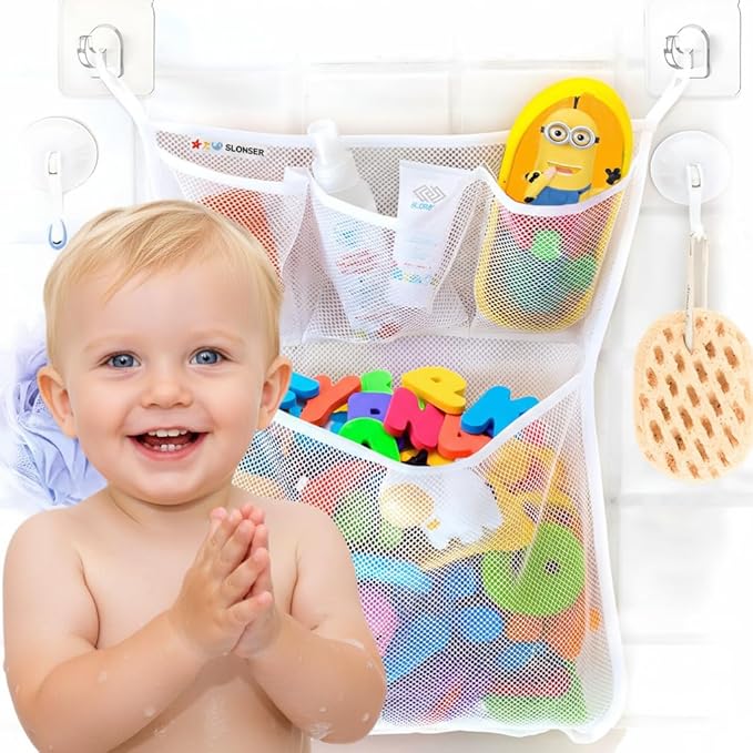 Bath Toy Holder 14x20 Inch, Mesh Bathtub Toy Storage Basket, Kids Bath Net, Tub Holder Bag, Toddler Shower Caddy Hanging Bucket Bin, Baby Bathroom Organizer with 2 Suction Cups, 2 Adhesive Wall Hooks
