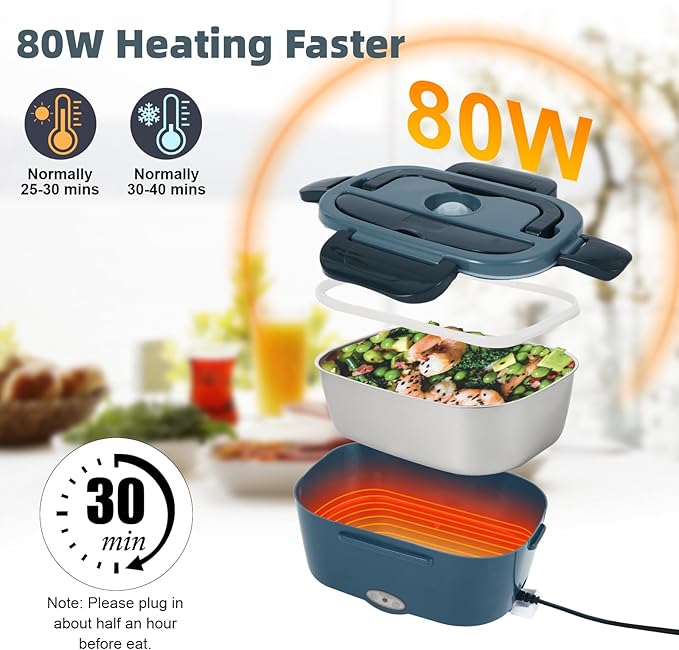 Electric Lunch Box, 12V/24V/110V Portable Food Warmer with SS Fork & Spoon for Car/Truck/Office, 80W Self Heating Lunch Box with 1.5L 304 Stainless Steel Container & 0.45L PP Fruit Box Black