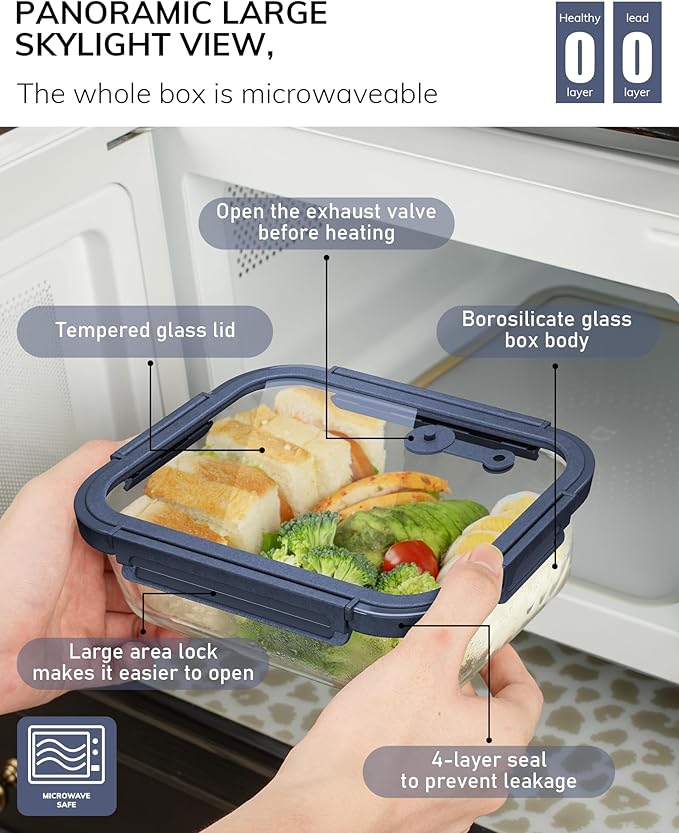 5-Pack Borosilicate Glass Containers with Tempered Lids, 35.2oz/4.4 Cup Airtight Meal Prep Set, Microwave/Freezer Safe (Blue)