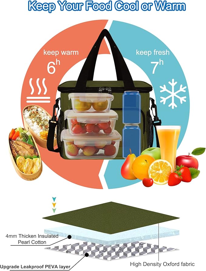 Femuar Lunch Bags for Women/Men, Insulated Lunch Bag for Work Office Picnic - Large Lunch Cooler Bag Leakproof Lunch Box with Adjustable Shoulder Strap for Adults - Army Green