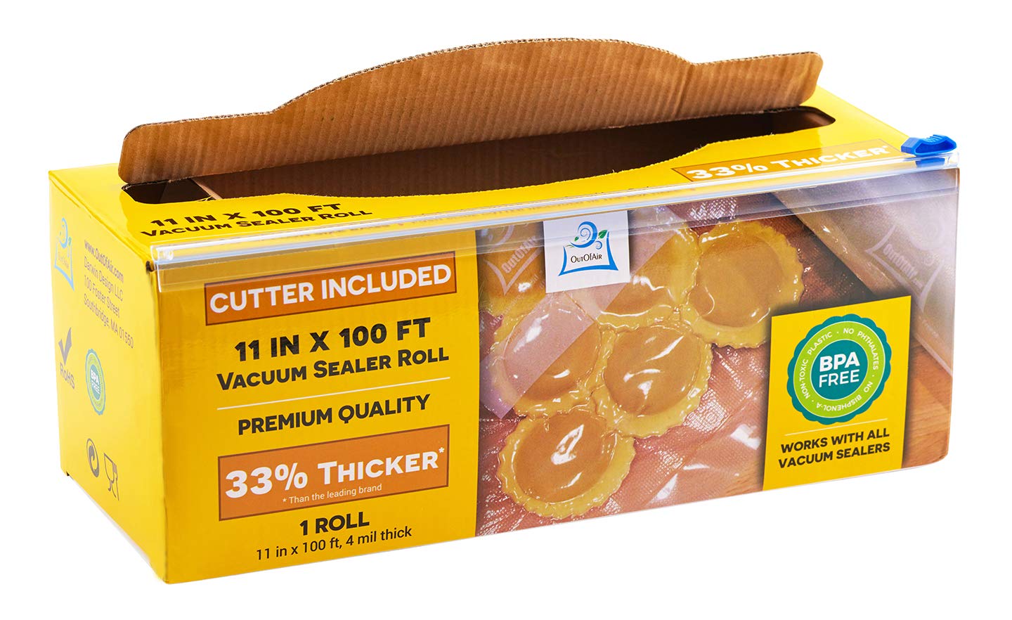 Vacuum Sealer Roll & Bag Cutter (8" x 100') 4 mil 100 Foot Embossed Bags by OutOfAir 33% Thicker, BPA Free, Sous Vide, Commercial Grade, Works with All Machines