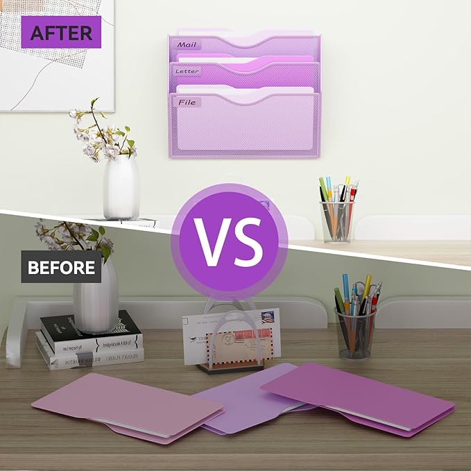 3 Pockets Hanging Wall File Organizer Mail Holder, Wall Mounted Paper Document Folder Holder, Clipboard Storage Organization Magazine Rack, Light Purple