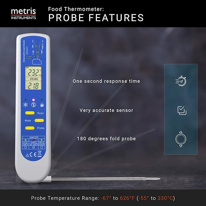 Metris Model TCT303F NSF Certified #C0626846. Complies with FDA 2022 Food Code Verification Accuracy of 2 Degrees F for HACCP Food Services