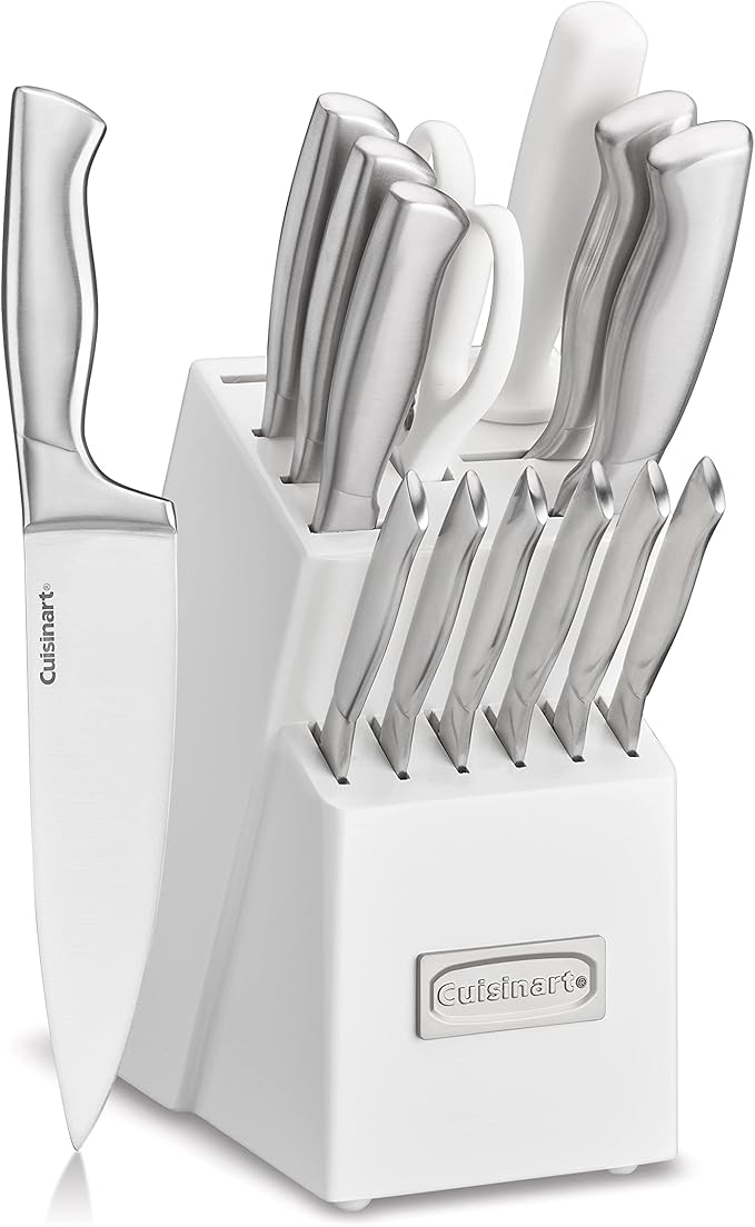Cuisinart Professional Block Knife Set, 15pc Cutlery Knife Set with Steel Blades for Precise Cutting, Lightweight, Stainless Steel, Durable & Dishwasher Safe (White/Gold)