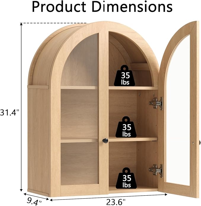 Bathroom Arched Wall Cabinet Over The Toilet Storage Cabinet, 23.5×31.4 Inch bathroom cabinet wall mount with Glass Doors & Adjustable Shelves, Wood Cabinet for Laundry Room, Bedroom Kitchen，Natural