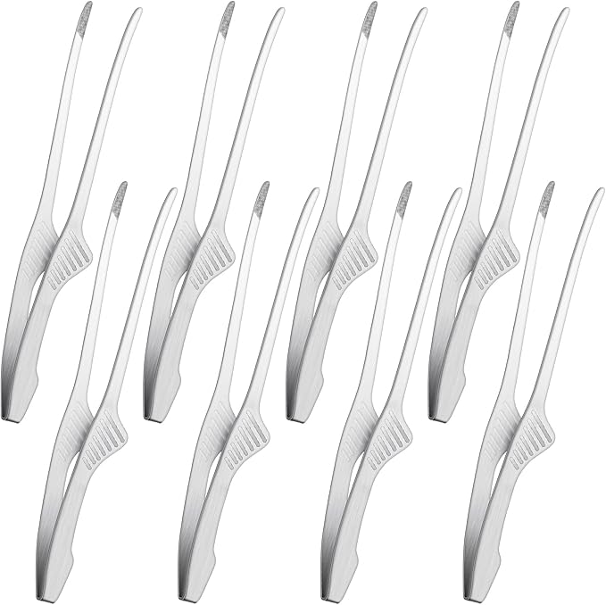 Patelai 2 Pieces Korean and Japanese BBQ Tongs Non Slip Cooking Utensils Stainless Steel Tongs for Serving Food, Salad, Camping, Barbecue, Buffet, Oven with Support Stand (Silver)
