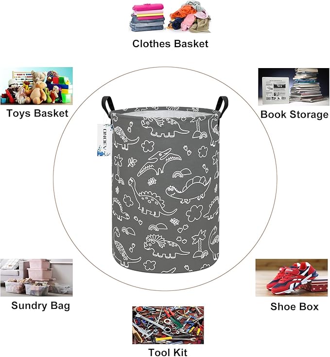 Round Dinosaur Waterproof Laundry Hampers Gift Basket Children's Toy Organizer Bag Room Decoration Basket(Gray Line Dinosaur)