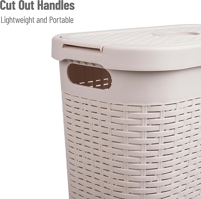 Mind Reader Slim Laundry Hamper with Lid, 40L Clothes Basket, Premium Wicker Design, Plastic, Set of 2, Ivory