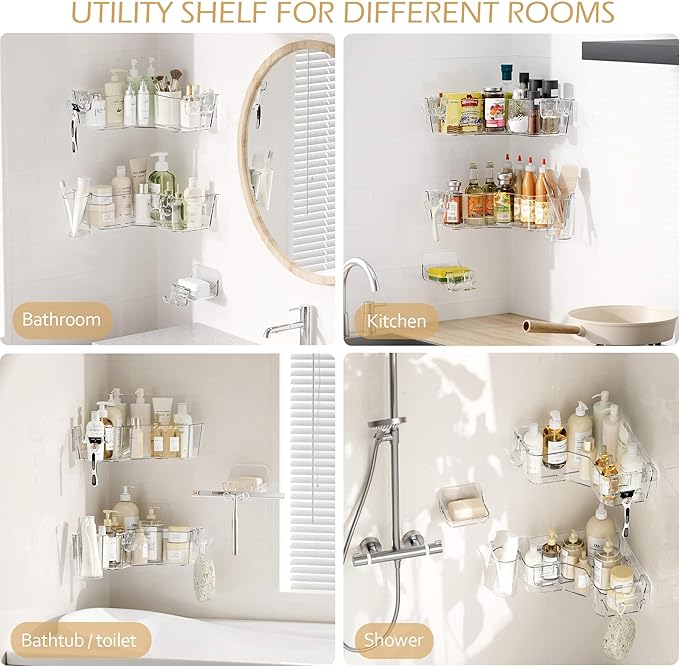 UDD Corner Shower Caddy, Clear Shower Organizer Bathroom Storage Rack with Soap Dish Hook and Hanging Cup, Adhesive Wall Shower Shelves for Bathtub Dorm, 4 Pack
