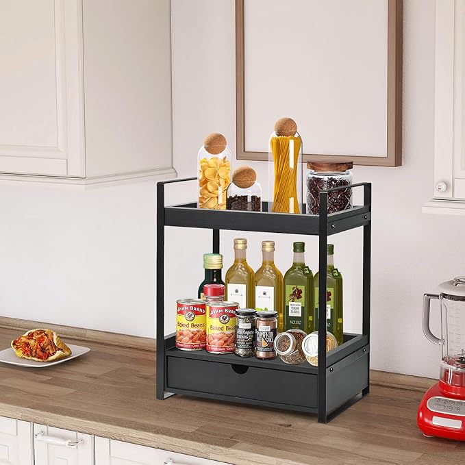 2-Tier Bathroom Organizer Countertop with Drawer, Wood Counter Shelf for Storage, Vanity Tray for Organization and Decor, Countertop Organizer for Bathroom, Kitchen, Office (Black)