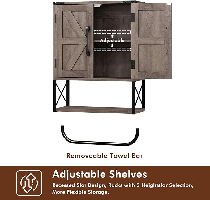 RUSTOWN Farmhouse Rustic Medicine Cabinet with Two Barn Door,Wood Wall Mounted Storage Cabinet with Adjustable Shelf and Towel Bar, 3-Tier Cabinet for Bathroom, Living Room(Washed Oak)