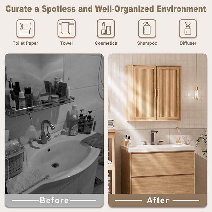 Bathroom Storage Cabinet, Over The Toilet Storage Cabinet, Medicine Cabinet with Adjustable Wood Shelf & Doors for Laundry Room & Kitchen & Living Room (Natural Oak)