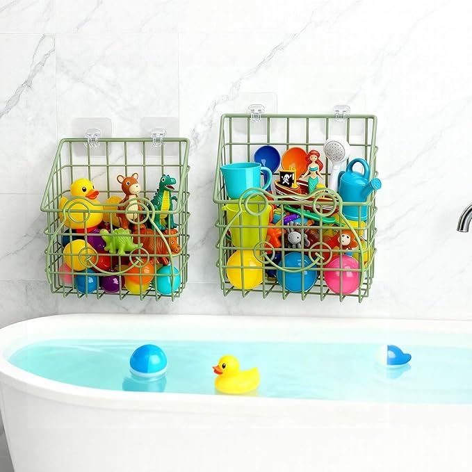 2 PackBath Toy Organizer, Wall Mounted Shower Storage Basket - Metal Bathtub Toy Holder with Hooks for Sorting Kids Toys, Baby Bath Accessories, Toiletries & Shampoo（Green frog）
