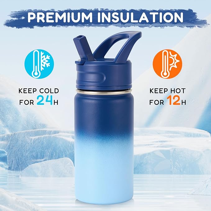 12oz Water Bottle for School, Water Bottles with Straws, Insulated Water Bottles, Stainless Steel Vacuum Insulated Bottle, Leak-Proof, BPA-Free, Ocean