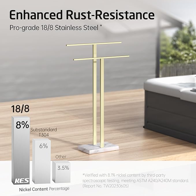 KES Standing Towel Rack with Marble Base, 2-Tier Towel Stand for Bathroom Floor, Upgrade Steady Design, T-Shaped Towel Drying Rack Gold, SUS304 Stainless Steel, Brushed Gold Finish, BTH217-BZ