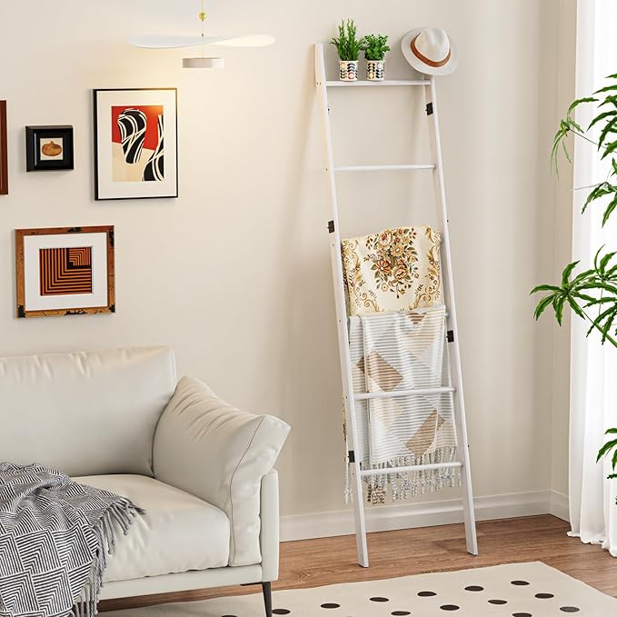 BAMBANG 6-Tier Blanket Ladder for Living Room, Blanket Quilt Ladder Rack Rustic Decorative Towel Holder, Wall Leaning Blanket Ladder Shelf Storage Farmhouse Decor for Bedroom Bathroom, White
