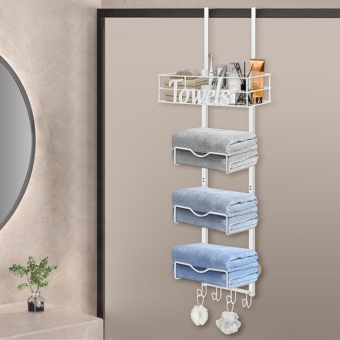 HarJue Over The Door Towel Racks, No Drill Towel Storage with Basket & Hooks, Space-Saving Multi-Functional Towel Holder for Bathrooms, bedrooms, Apartments, RVs (White)