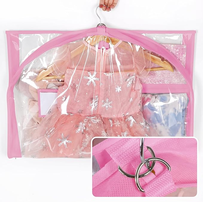 Univivi Clear PVC Dance Costume Bags, 35 Inch Garment Bag for Dance Competitions, with 3 Seperated Medium Clear Zipper Pockets and 1 Large Back Zippered Pocket (Clear/Pink)