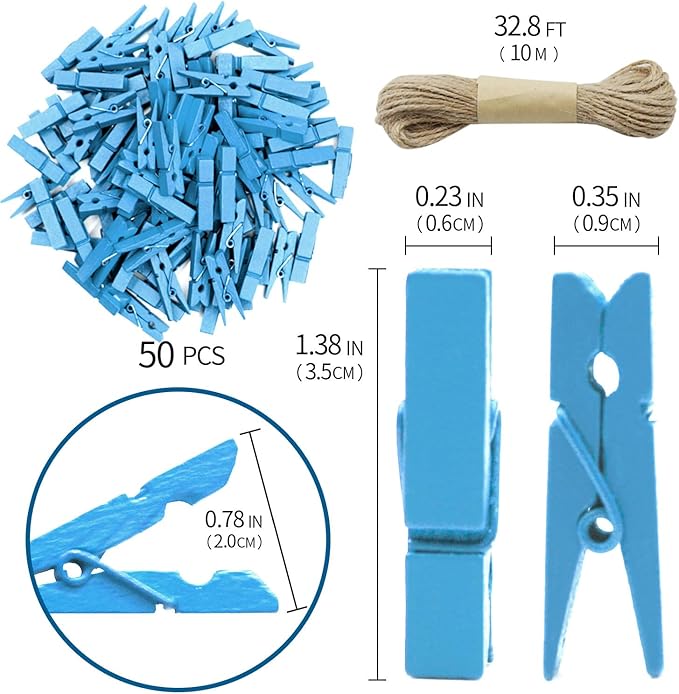 1.35 Inch Mini Clothes Pins for Photo100 Pcs with 32 Feet Jute Twine, Mini Clothes Pins for Crafts, Wooden Small Clothespins for Pictures, Tiny Decorative Clothespins for Baby Shower (Blue)