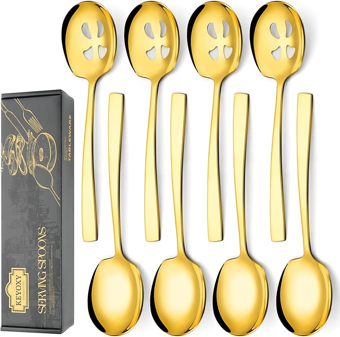 Keyoxy 8 Piece Stainless Steel Serving Spoons Set - 4 Large, 4 Slotted, 9.2-Inch, Dishwasher Safe, for Parties/Kitchen/Buffet/Catering