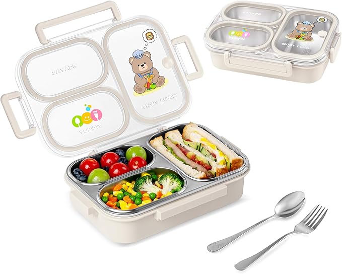 SAYAPE Stainless Steel Bento Lunch Box for Kids, 26.4 oz Leak-Proof 3-Compartment Metal Bento Box, BPA-Free, Cute Cartoon Meal Prep Snack Container with Utensils for School, Office, Travel - Yellow