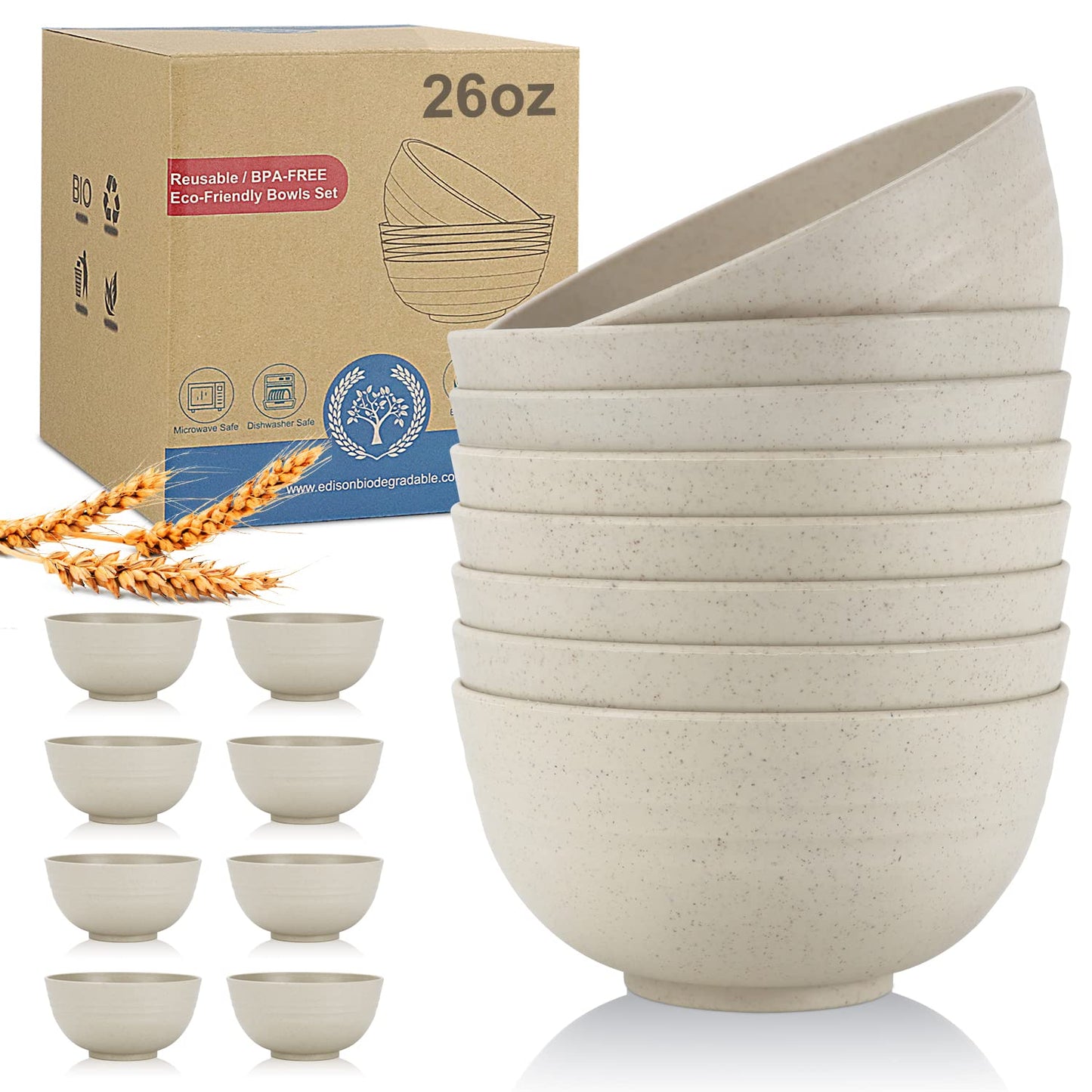Wrova wheat straw small bowls 10oz set of 8 - Unbreakable Dessert Bowls for kids - Mini Bowl Sets for Ice Cream,Snack and Fruits - Microwave & Dishwasher Safe Appetizer Bowls (Deep Grey)