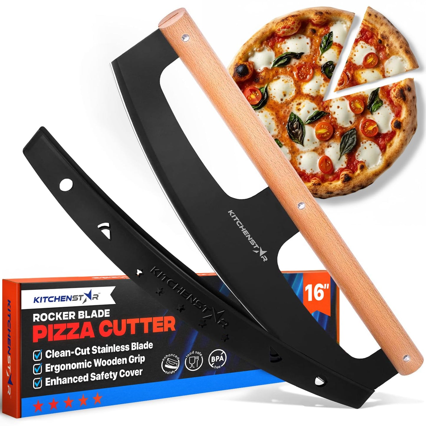 KitchenStar 14-Inch Pizza Cutter Rocker Blade - Razor Sharp Stainless Steel Slicer Knife, Stylish Beech Wood Handle, Protective Cover - Professional Pizza Oven Accessories, Silver
