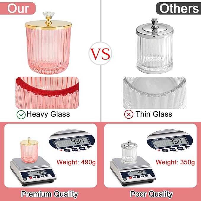 2PCS Qtip Holder Dispenser Set, Cute Glass Apothecary Jars with Lid, Pink Cotton Ball Pad Round Container Holders and Vanity Canister Storage Jar for Makeup Sponges, Floss, Hair Accessories