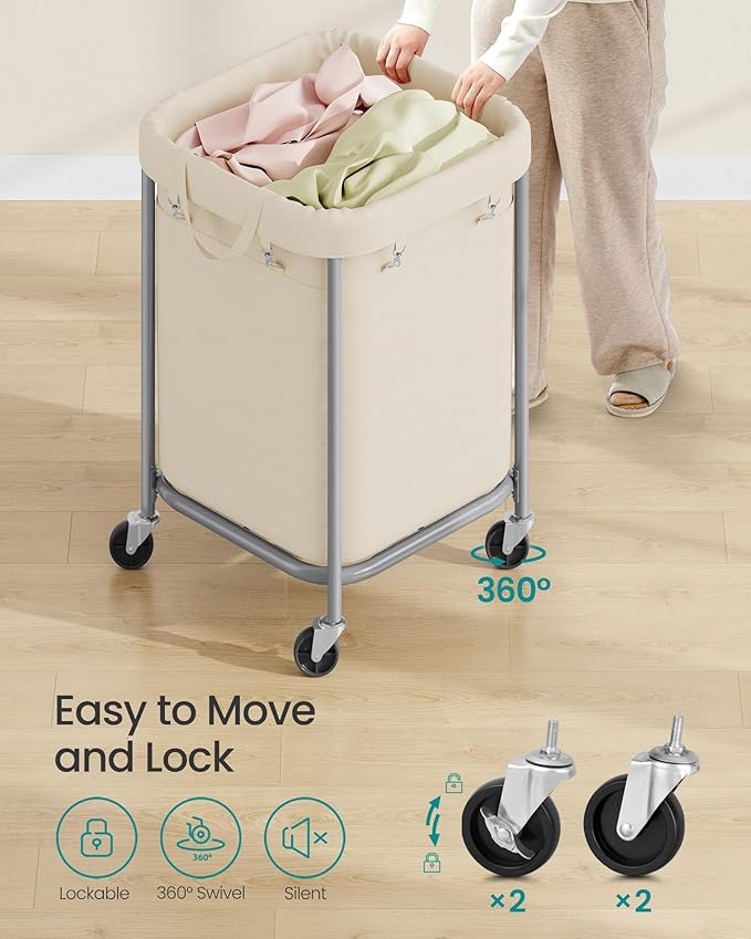 SONGMICS 45-Gallon (170 L) Laundry Basket with Wheels, Rolling Square Heavy-Duty Laundry Hamper Cart with Steel Frame and Removable Bag, 2 Locking Wheels, Cream White and Metallic Silver URLS015WD01