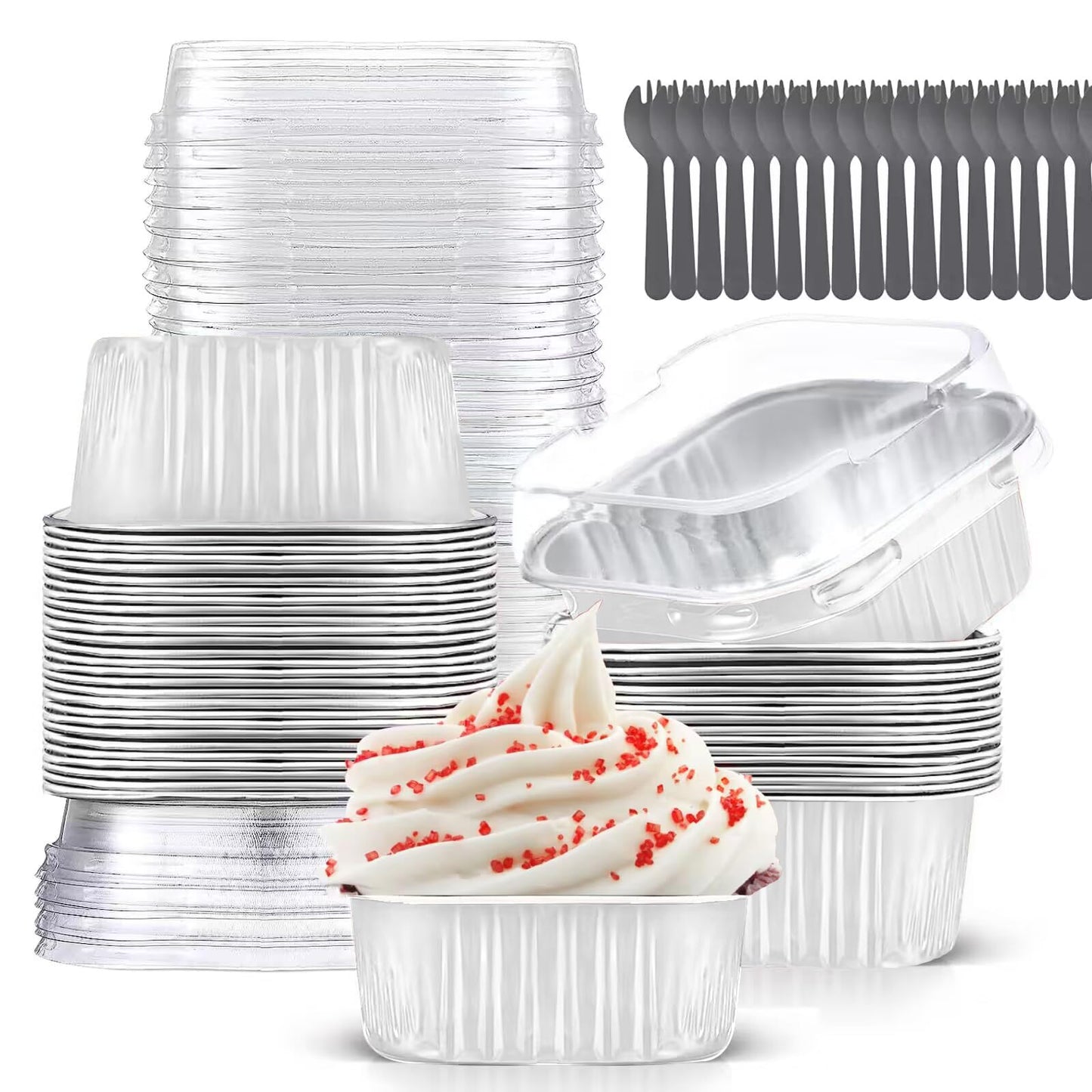 10oz Mini Cake Pans with Lids (40 Pack) Aluminum Foil Square Cupcake Liners Brownie Baking Cups,Disposable 4”x4” Large Cupcake Pan,Jumbo Muffin Tin Ramekins Holders