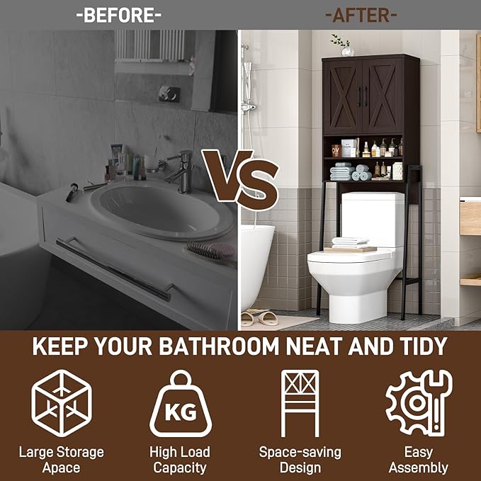 Vabches Over The Toilet Storage Cabinet, Farmhouse Over Toilet Storage Cabinet, Metal Frame with Barn Doors, Home Space-Saving Toilet Rack for Bathroom, Toilet, Laundry Room