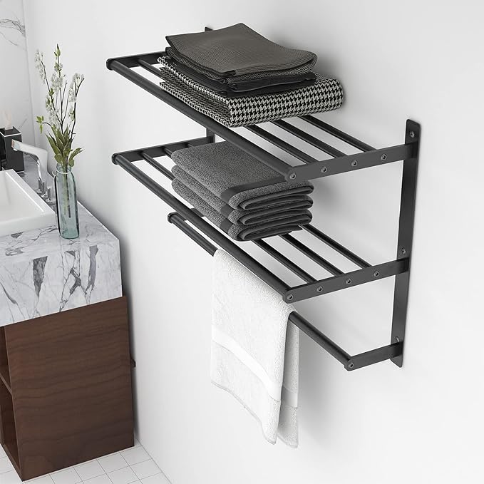 Hotel Towel Racks for Bathroom Wall Mounted, BETHOM 24 Inch Towel Shelf for Bathroom, 3-Tier Bathroom Towel Rack with Tower Bars, Matte Black