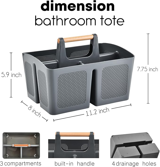 ALINK Portable Shower Caddy Basket with Compartments, Plastic Divided Cleaning Caddy Organizer Storage Tote with Handle for Bathroom, College, Dorm Room Essentials, Dark Gray