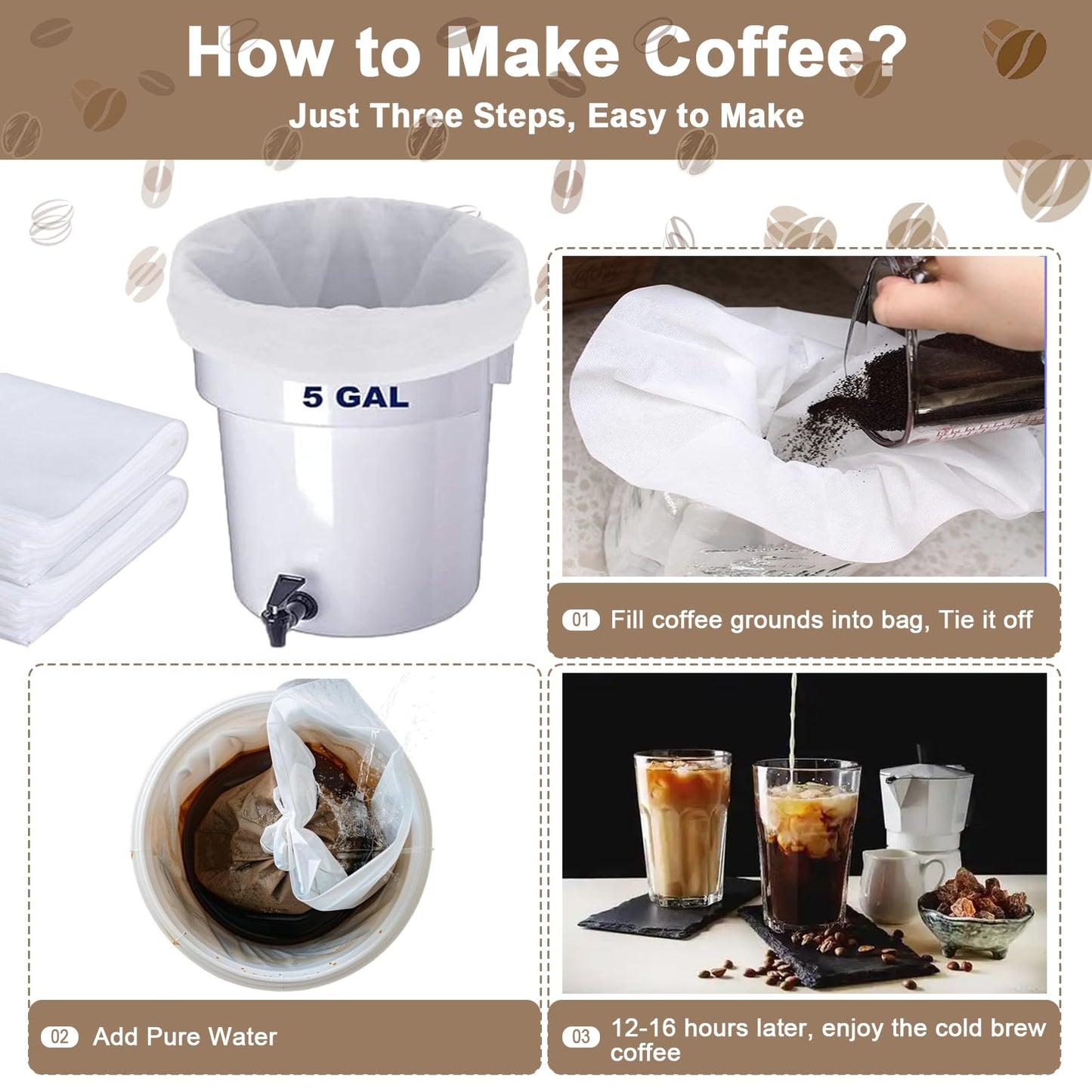 YURICK 50 Pack Commercial Cold Brew Coffee Filters for 5 Gallon Buckets, 20" X 20" Commercial Cold Brew Bags for Commercial Model Cold Brew Coffee Makers, Brew Up To 5 LBS Coffee